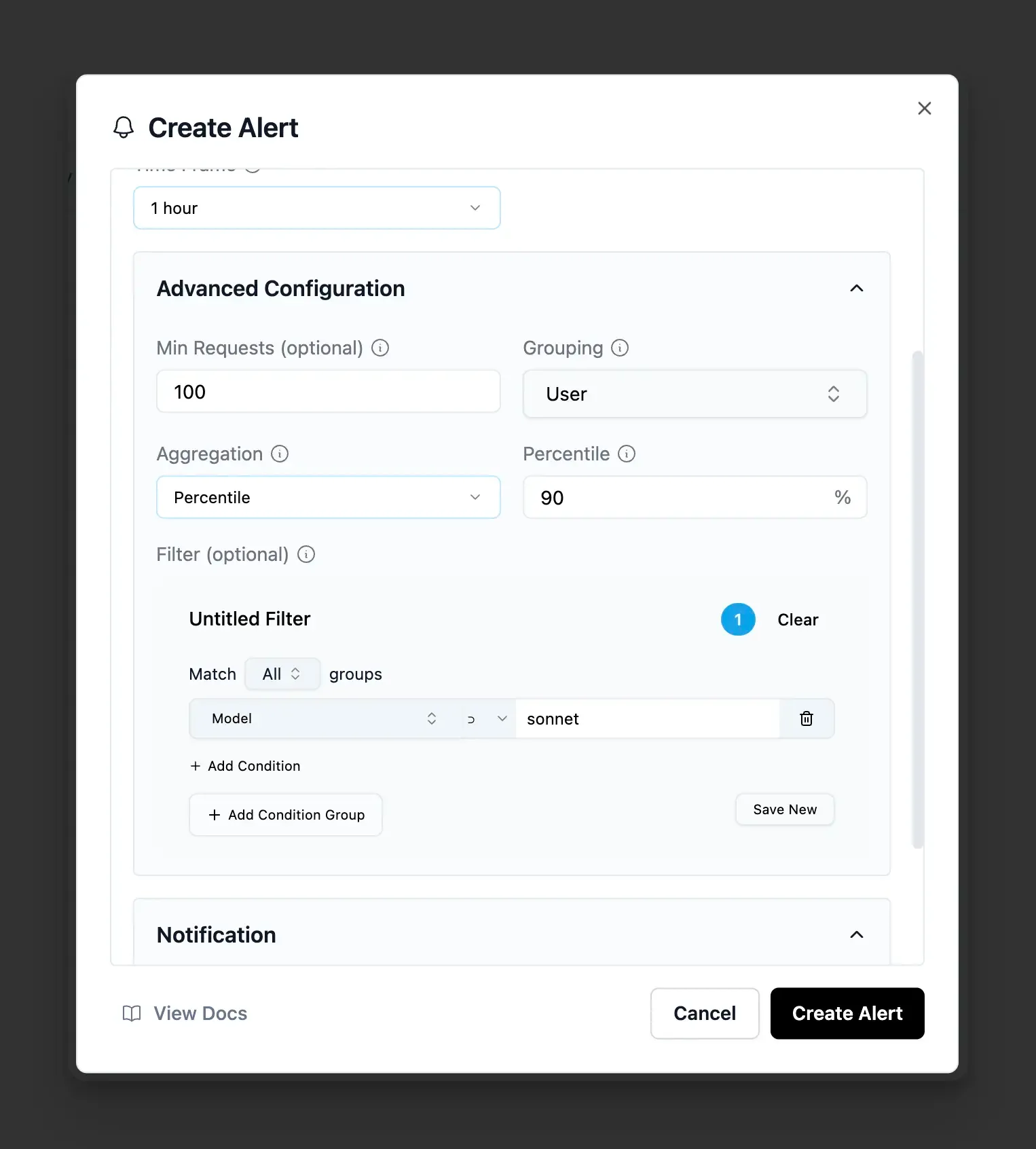 Advanced configuration showing filters and minimum request thresholds