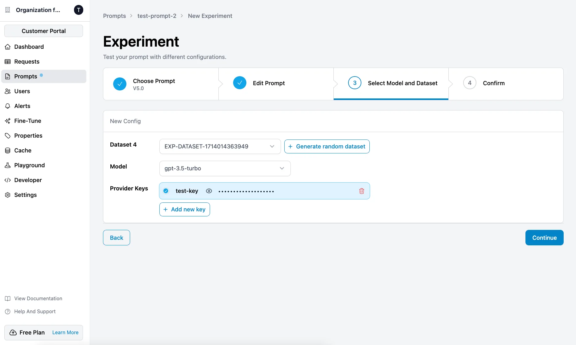Configuring an experiment with a different dataset, model, and provider keys in Helicone.