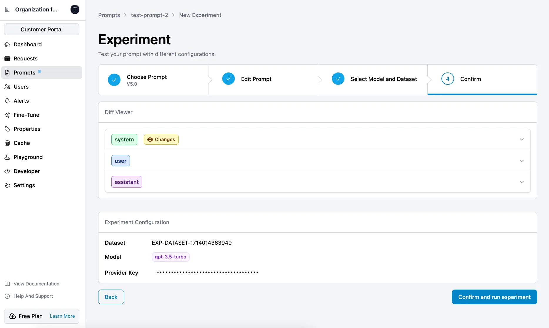 Confirming changes to your prompt in Helicone's Diff Viewer before running an experiment.