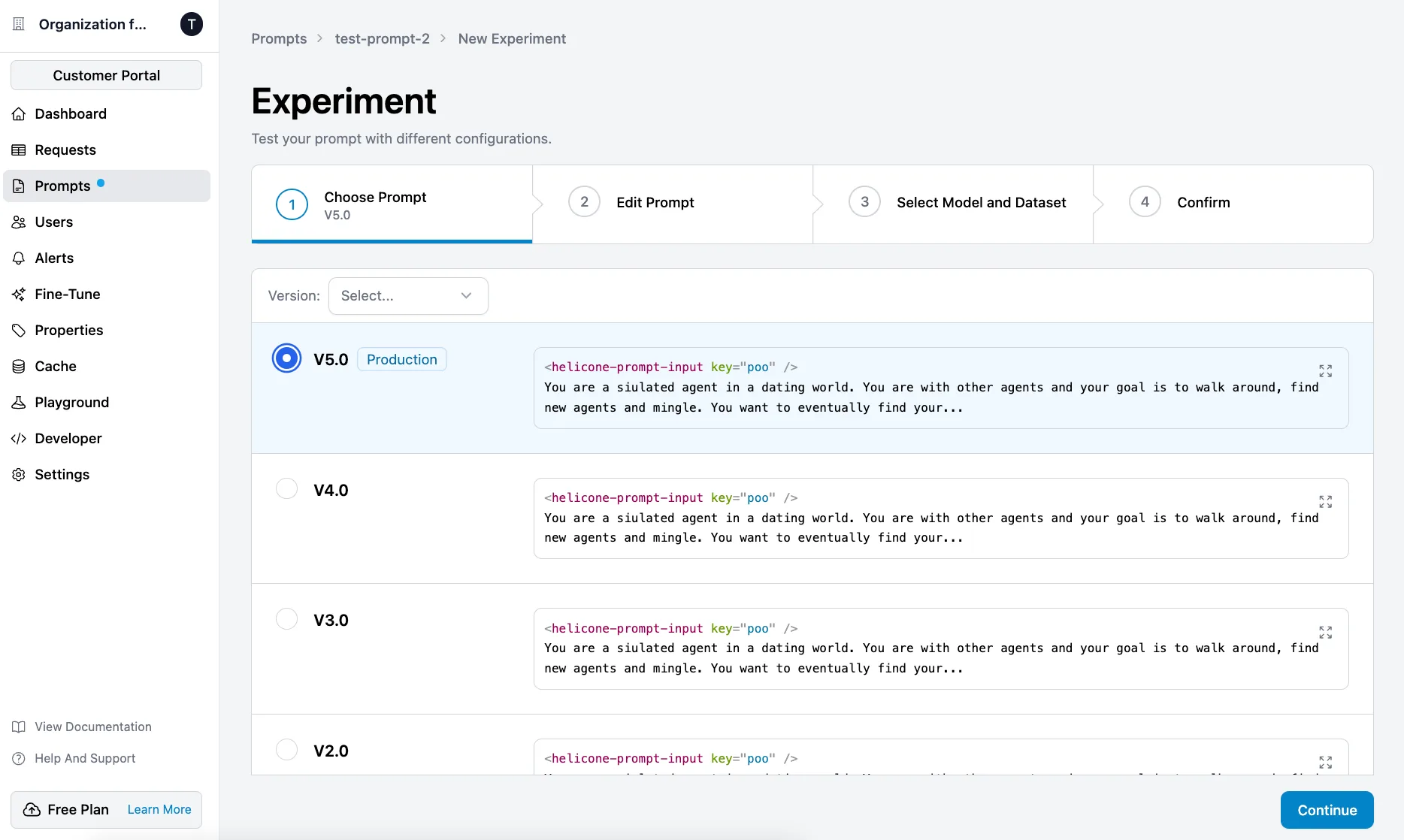 Selecting a base prompt to start an experiment in Helicone.