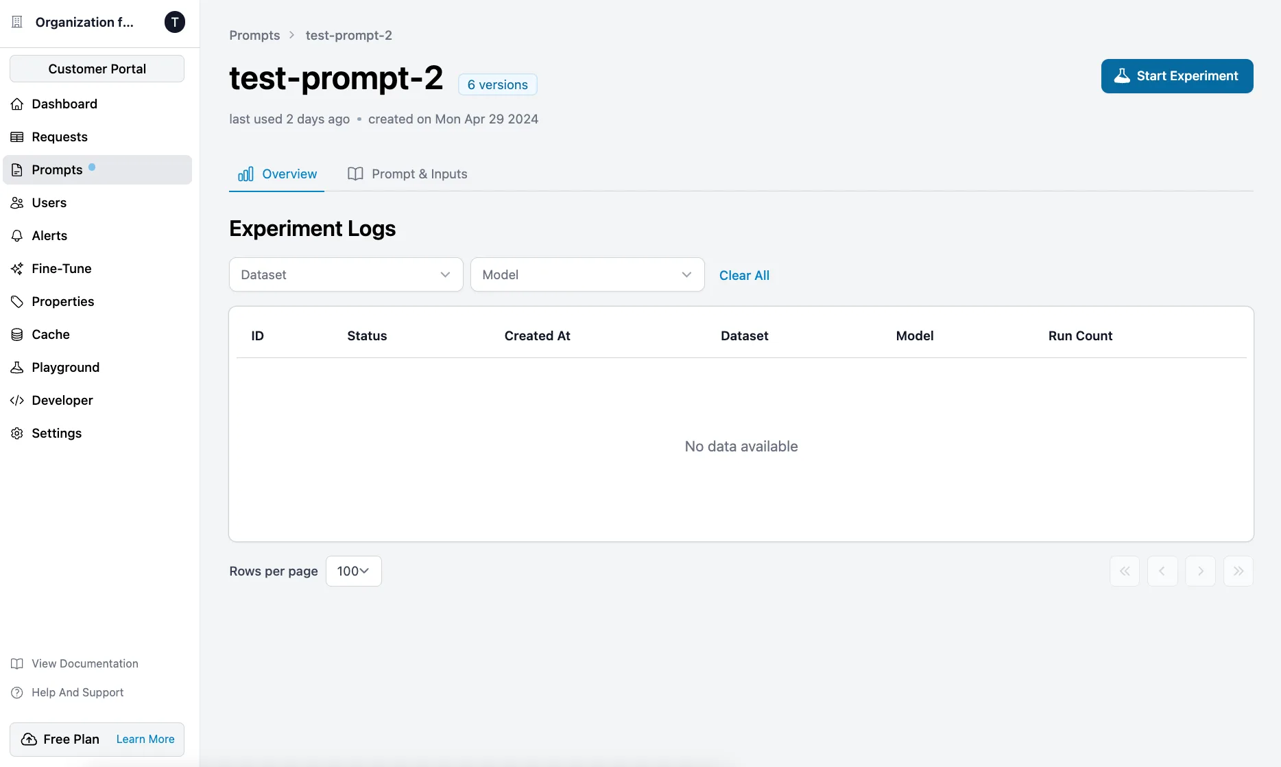 Start button in the Prompts tab for initiating an experiment in Helicone.
