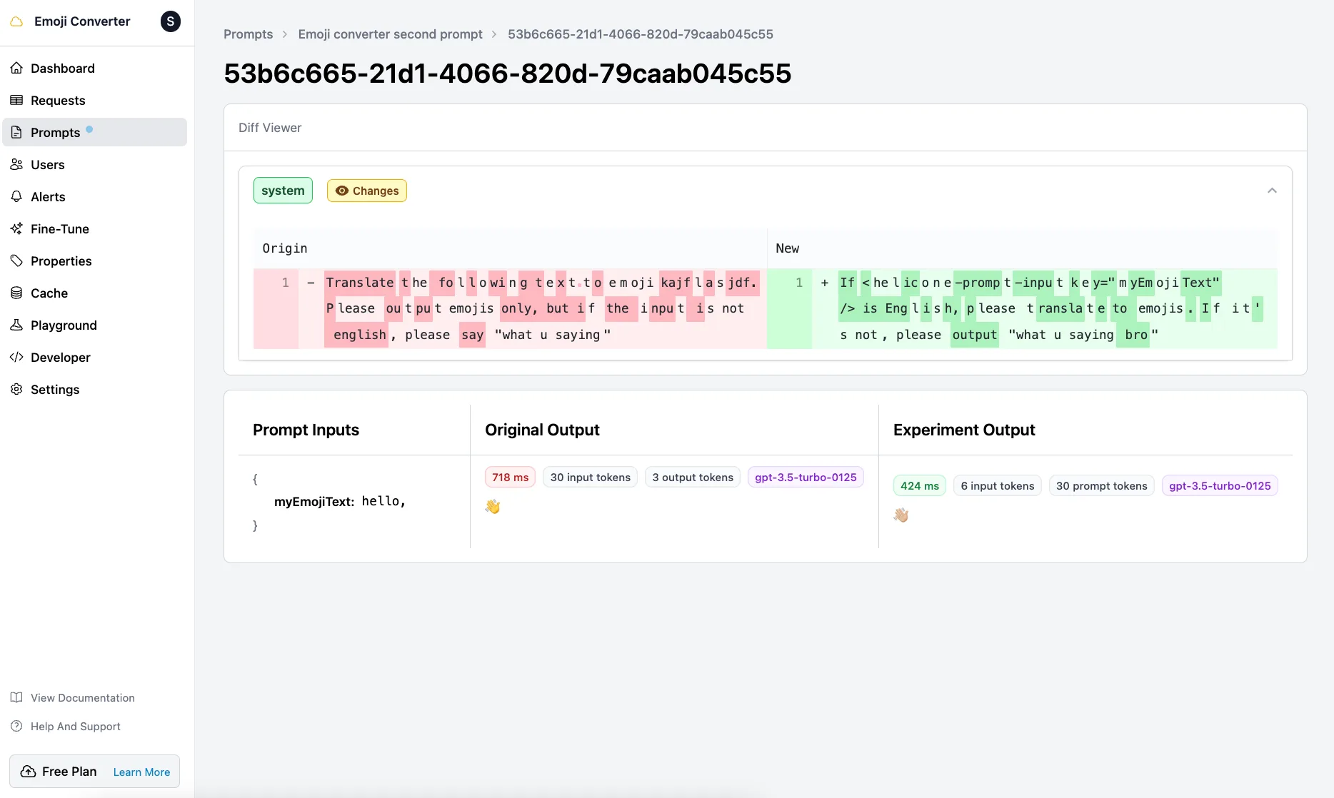 Comparing the outputs of an experiment compared to the original prompt in Helicone.