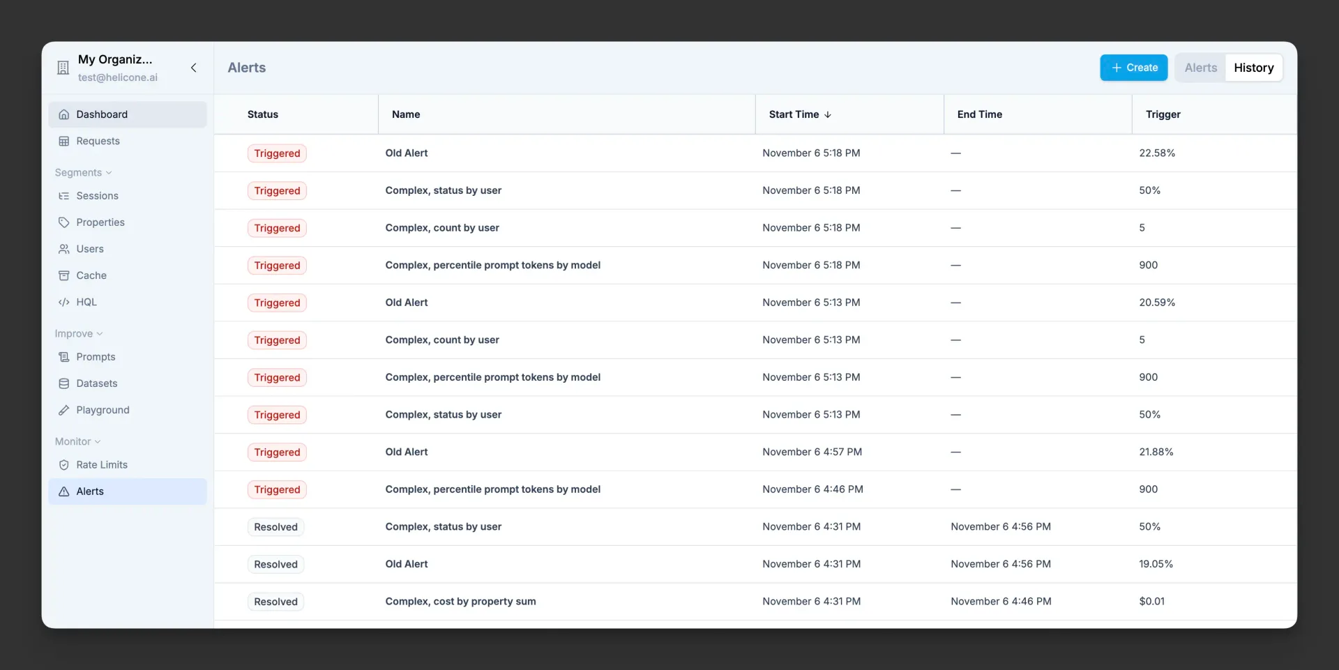 Alert history view showing recent trigger events