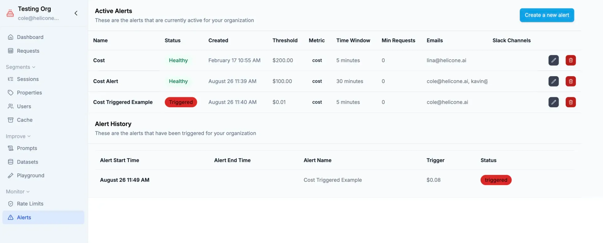 Alert configuration interface showing daily and monthly spending limits