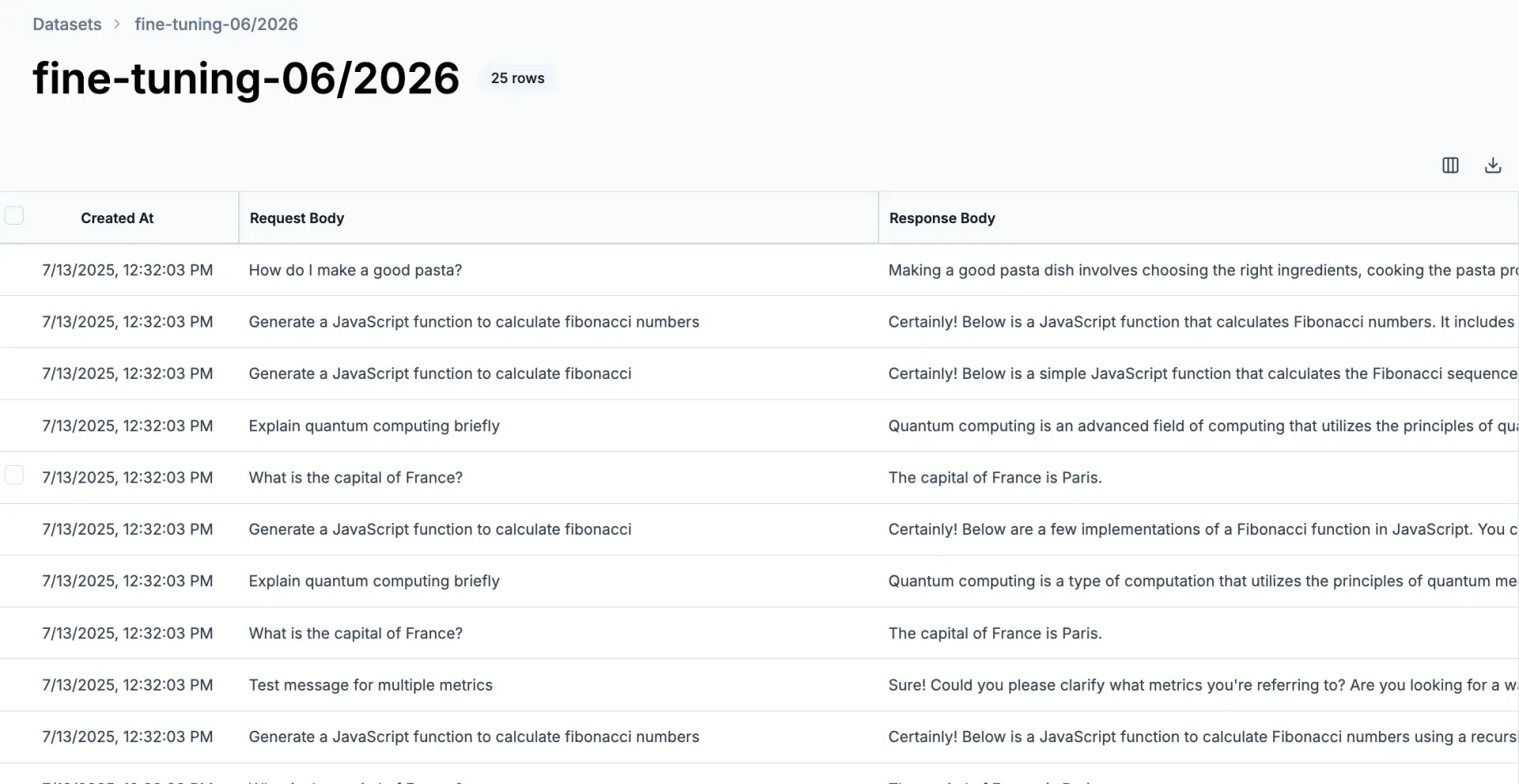 Helicone datasets dashboard with list of datasets and their metadata