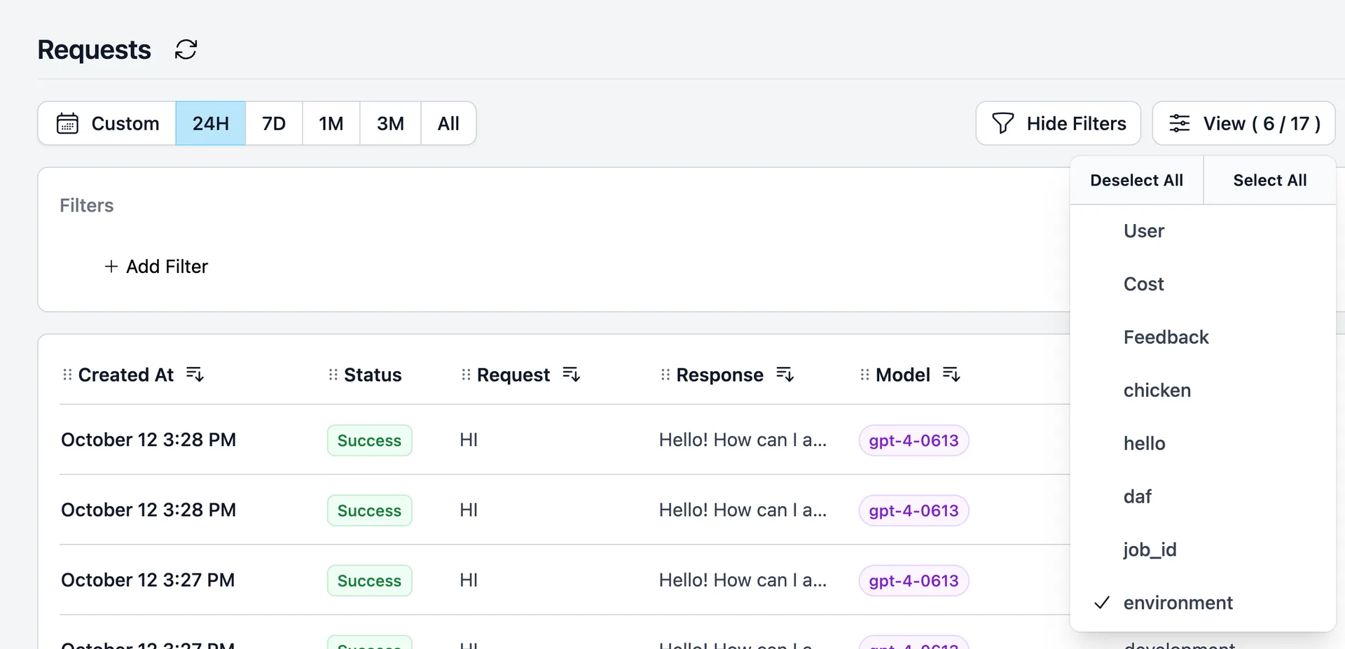 View environments tracked by Helicone on the Requests page.