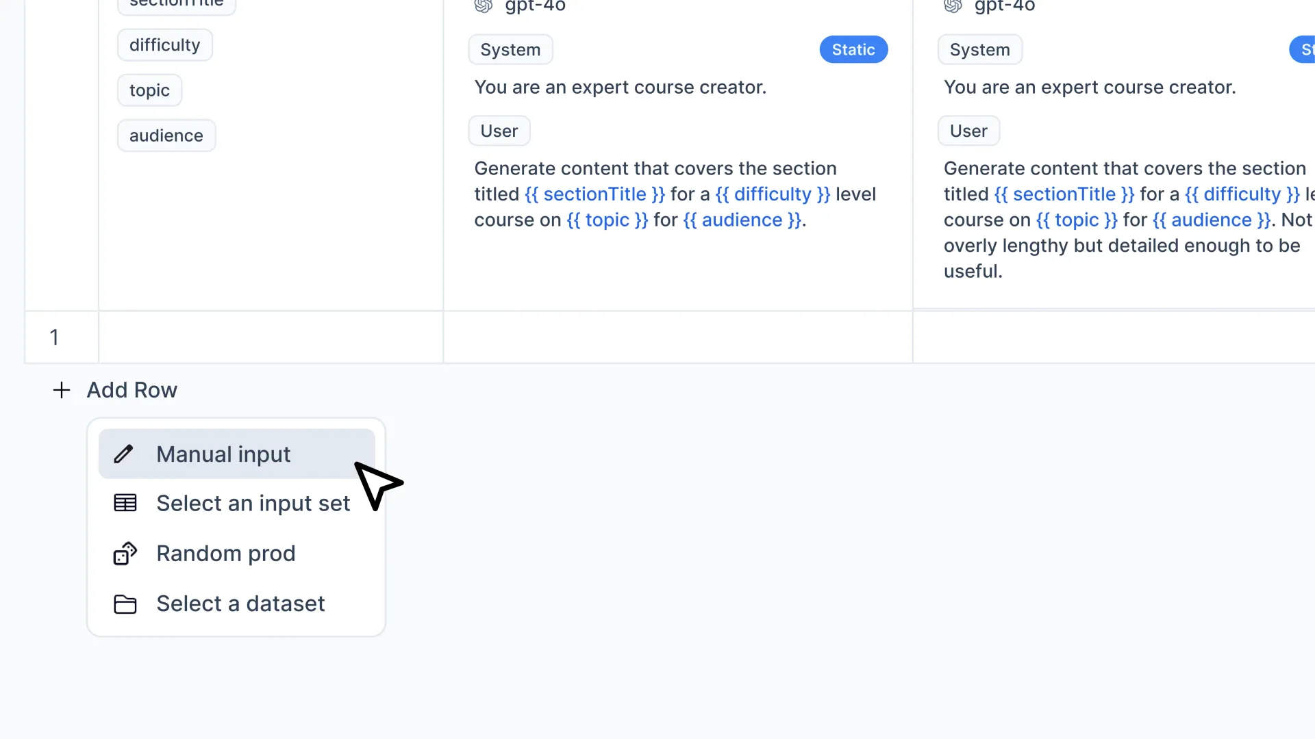 Add input rows by manually entering, selecting from an input set or a dataset, importing from CSV, or using randomly sampled selection