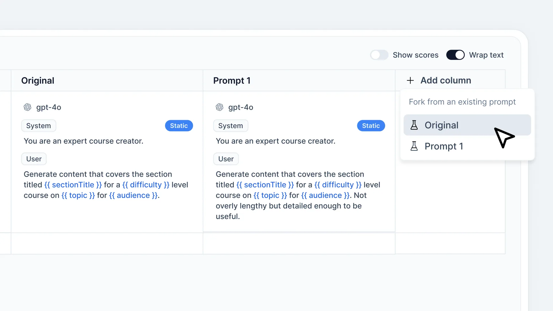 Fork existing prompts to create new variations in Helicone's Experiments.
