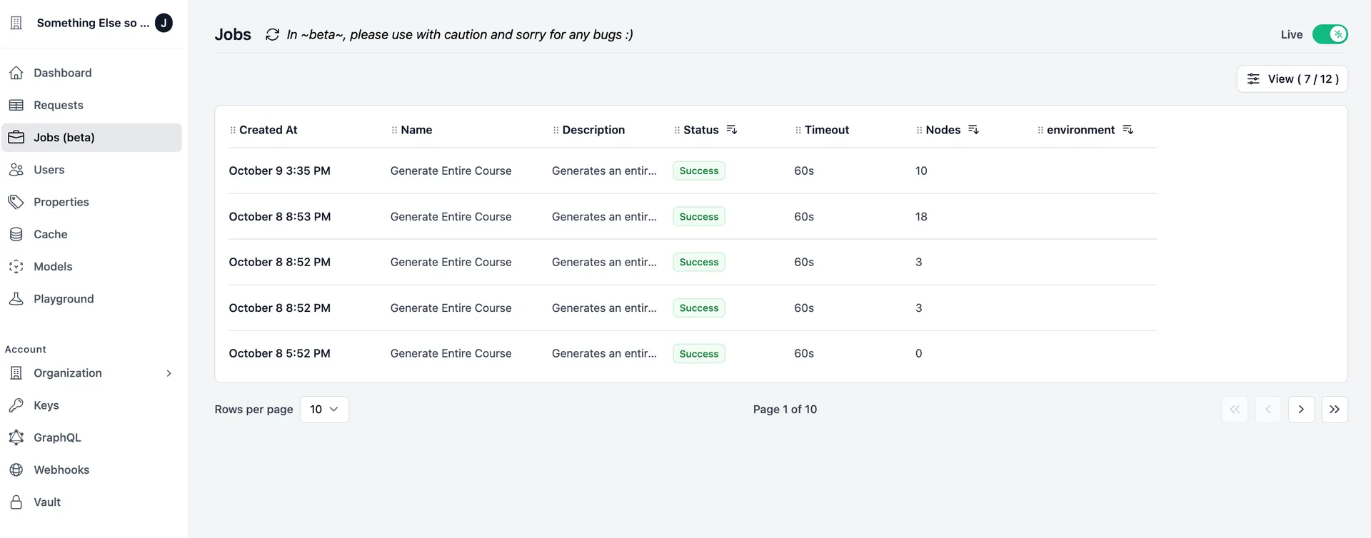 Job table showing all current job statuses on Helicone