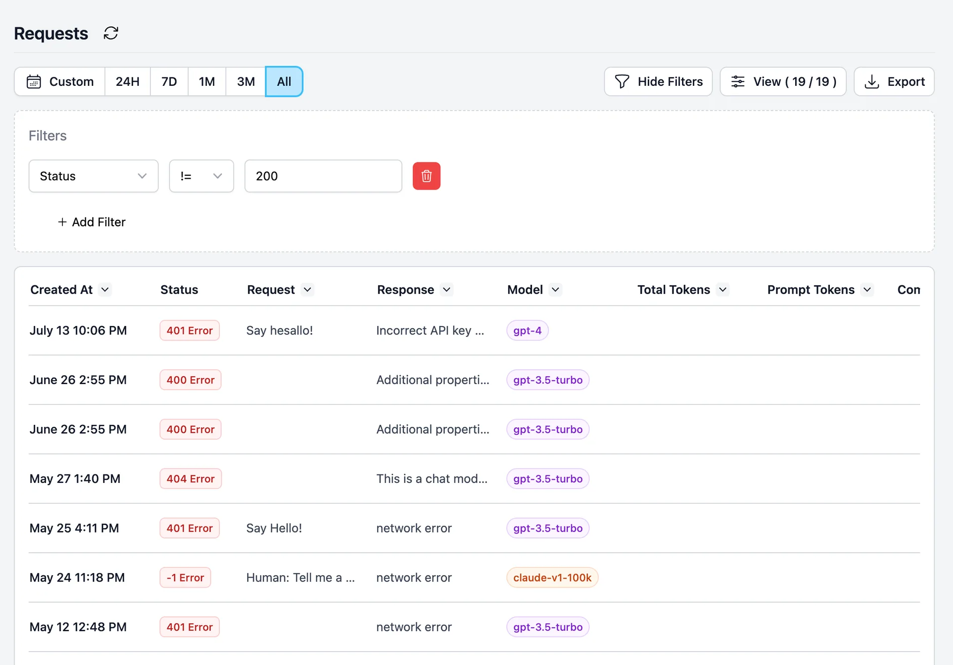 Filter web request results by status code on Helicone's request
page.