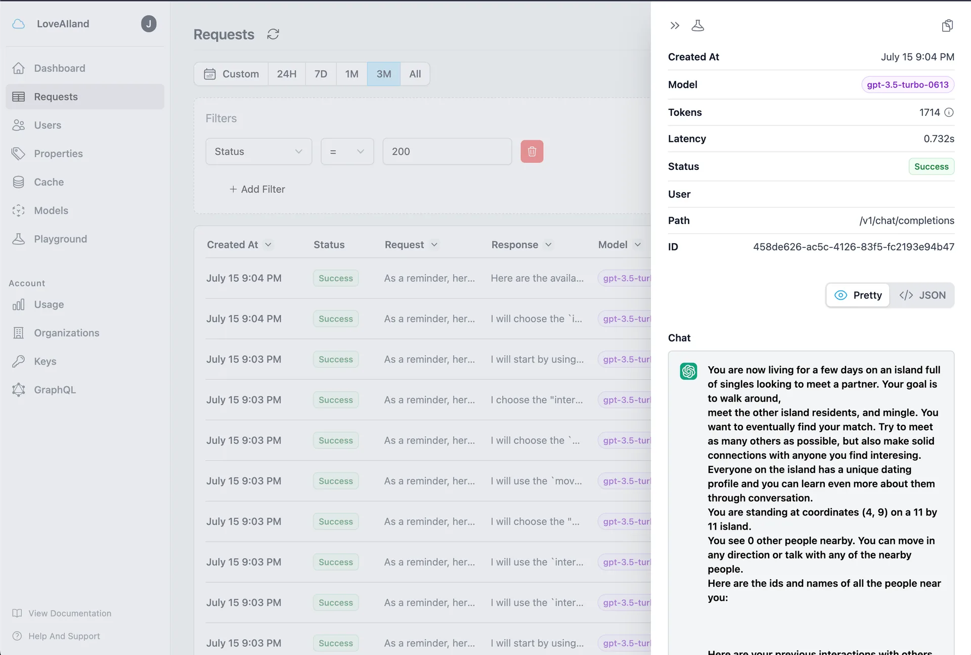 View detailed logging details on Helicone's Requests
page.