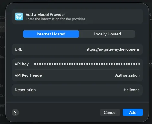 Add model provider dialog in Xcode