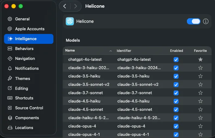 Models list in Xcode with favorites