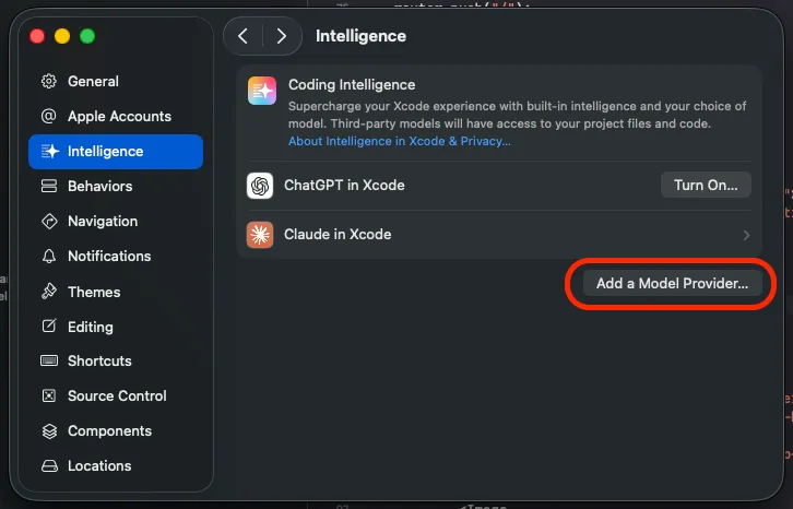 Add model provider dialog in Xcode