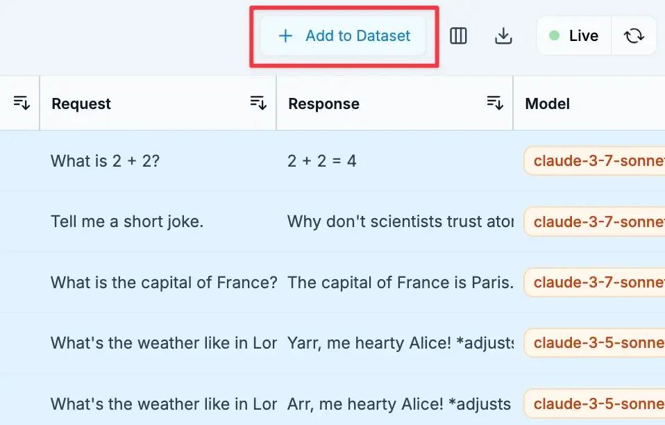 Adding selected requests to a dataset